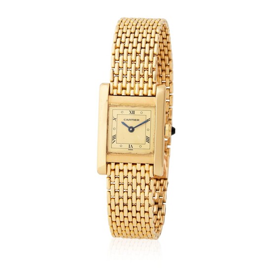 Cartier. Attractive Tank Rectangular-Shape Wristwatch in Yellow Gold, With Unusual Champagne Roman and Dot Numbers Dial