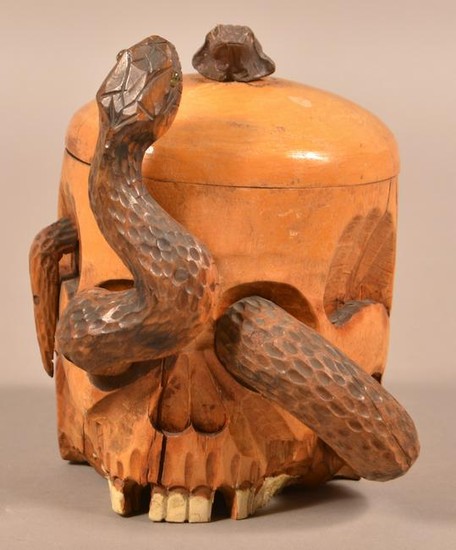 Carved Wood Skull Form Tobacco Jar.