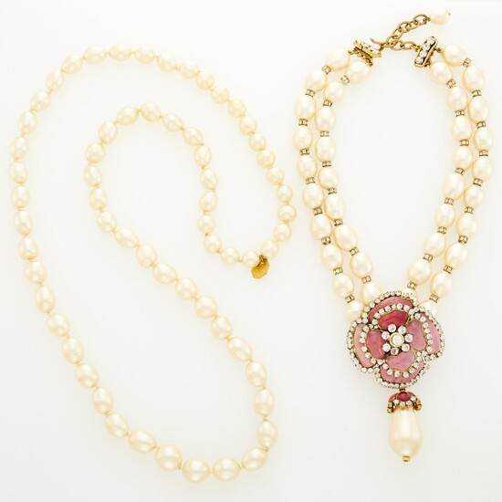 Chanel Two Gilt-Metal Glass Imitation Pearl, Gripoix and Strass Necklaces