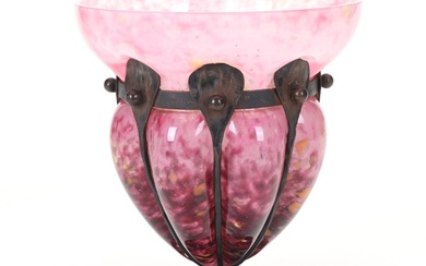 Charles Schneider Art Nouveau Blow-Out Glass and Iron Cage Vase