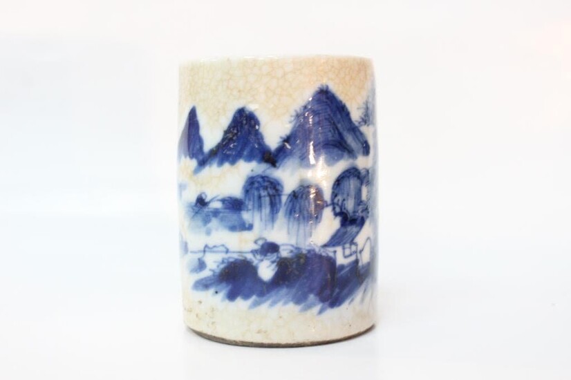 Chinese Blue and White Porcelain Brushpot w Seal