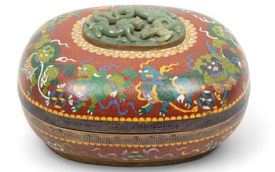 Chinese Carved Jade And Cloisonne Covered Box, 20th Century, H 5" W 8" L 9"