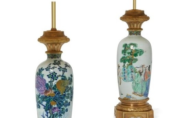 Chinese Export Famille Rose clobbered vase lamps