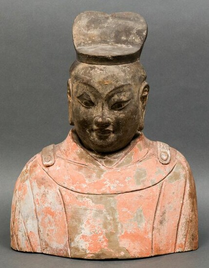 Chinese Han Dynasty Polychrome Pottery Bust