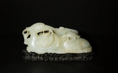 Chinese Jade Carved Cranes with Zitan Base, 18th