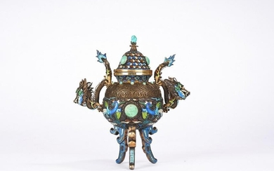 Chinese Silver Filigree and Enamel Tripod Censer