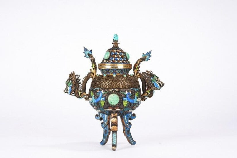 Chinese Silver Filigree and Enamel Tripod Censer