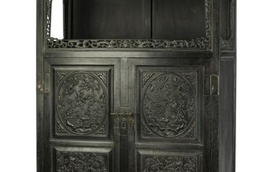 Chinese carved and ebonized cabinet, 77"h