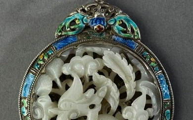 Chinese export white jade, enamel, and silver pendant