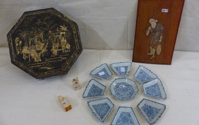 Chinese lacquer box (*) and Chinese porcelain dishes. Period: 19th century. A plaque with an ivory figure and 2 mounted ivory Chen-fo (?) stamps is attached.