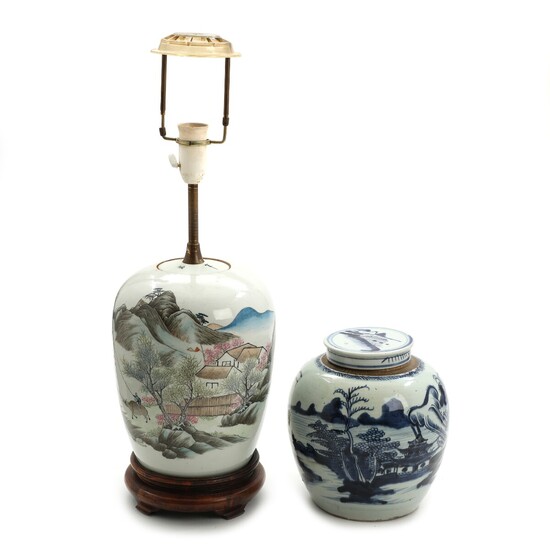 NOT SOLD. Chinese porcelain lid jar and table lamp, decorated with landscapes. 19th-20th century. Lid...