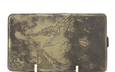 Chinese silver cigarette case engraved with a bird of prey a...