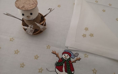 Christmas tablecloth x12 in pure linen with hand stitched embroidery - 175 x 270 cm - Linen - 21st century