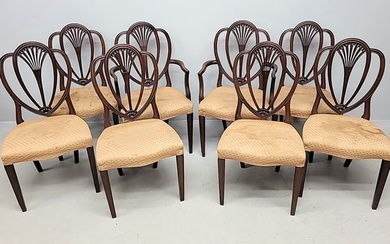 Circa 1920's Set of 8 Solid Carved Mahogany Hepplewhite Shield Back Dining Chairs. Frames are in