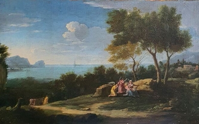 Claude LE LORRAIN (1600-1682) Cerchia di - Paesaggio con riposo nella fuga in Egitto
