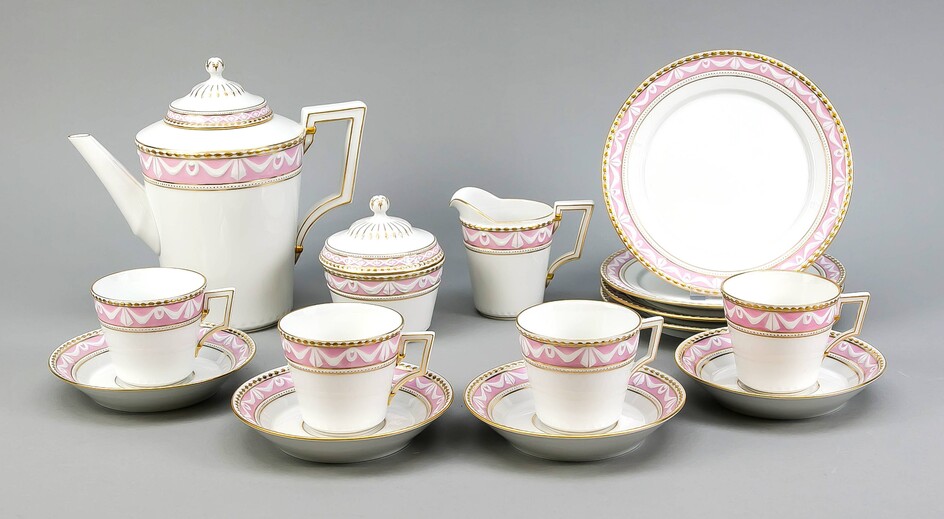 Coffee service for 4 people, 17 pieces, Kurland, markss 1992-2000, 1st quality, green painters mark, shape Kurland, design for the last Duke of Kurland around 1790 by Friedrich Elias Meyer, pink edging, gilding, coffee pot, H 22 cm, 4 coffee cups with...