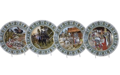 Complete Set of Twelve Kornilov Porcelain Manufactory 'Russian Fairy Tale' Plates, After Ivan Yakovlevich Bilibin (Russian 1876-1942), Saint Petersburg, Early 20th Century