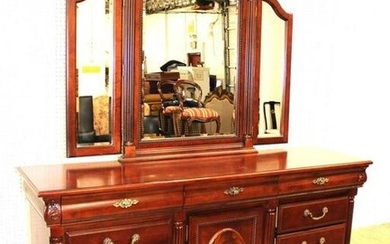 Contemporary cherry dresser with tri fold mirror