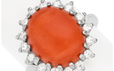 Coral, Diamond, White Gold Ring Stones: Full-cut diamonds weighing...