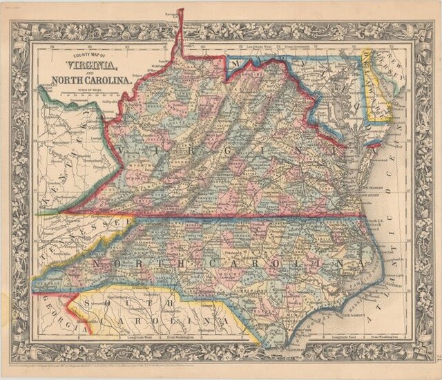 "County Map of Virginia, and North Carolina", Mitchell, Samuel Augustus