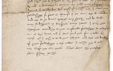 Court of Elizabeth I.- Seymour (Mary, daughter of Nicholas Odell (or Woodhull), widow of David Seymour, attended Queen Katherine Parr during her pregnancy, Extraordinary Gentlewoman of the Privy Chamber) Autograph Letter signed to "Mr Peeter at ye...
