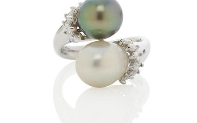 Cultured Pearl, Colored Cultured Pearl and Diamond Bypass Ring