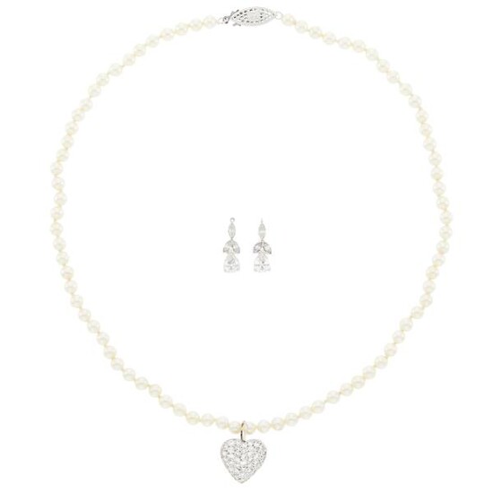 Cultured Pearl Necklace with Silver and Diamond Heart Pendant and Pair of White Gold and Diamond Earrings