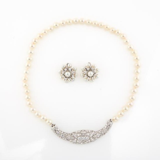 Cultured Pearl, Platinum and Diamond Necklace and Pair of White Gold, Cultured Pearl and Diamond Earclips