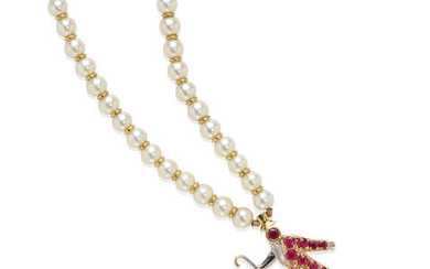 Cultured Pearl, Ruby and Diamond Necklace