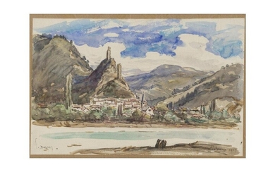DREVET (Joannès). Vue de Volonne [Htes Alpes]. Aquarelle sur papier, de belle taille [200 x...