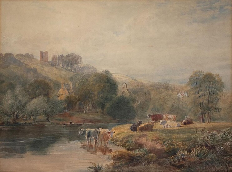 David Cox Jnr, British 1809-1885- Cattle watering on a river bank; pencil and watercolour on paper, signed 'David Cox' (lower right), 47.5 x 62.8 cm. Provenance: Anon. sale, Phillips, London, 18 July 1988, lot 31.; Where purchased by the present...