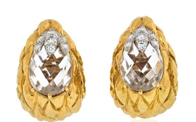 David Webb Platinum & 18K Yellow Gold Rock Crystal Carved Clip On Earrings