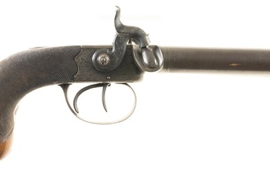 Double barrel percussion pistol, maker marked 'George Adams', with screw-on...