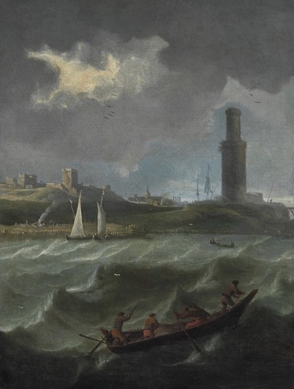 Dutch school, 17th century: Boats in heavy seas off a fortress. Unsigned. Oil on canvas. 65×50 cm.