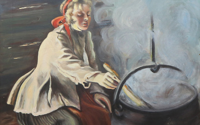 E. KRÜGER. Oil painting on canvas. Motif after Anders Zorn's “In the Fire House”.