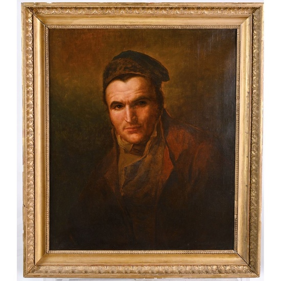 ÉCOLE FRANCAISE début XIXè. « Portrait d’homme au bonnet ». Huile sur toile. H.65 L.56....