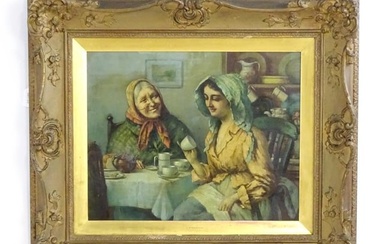 Early 20th century, Oil on canvas, Two women drinking tea in a kitchen interior. Ascribed to slip