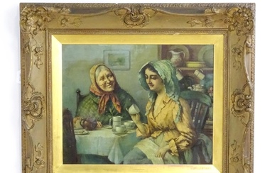 Early 20th century, Oil on canvas, Two women drinking tea in...