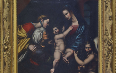 École italienne du XVIIe siècle, suiveur de RaphaëlVierge à l’enfant avec Sainte Elisabeth, Sainte Catherine et Saint Jean-Baptiste, dite la Madonne de l’Impannata