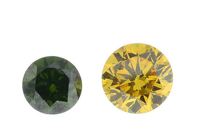 Eleven brilliant-cut colour treated 'blue', 'yellow' and 'green' diamonds, total weight 1.50cts.