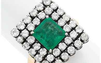 Emerald, Diamond, Gold, Silver Ring Stones: Square-shaped emerald weighing...