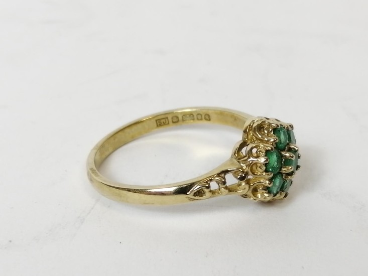 Emerald and diamond cluster ring, probably 18ct gold. Size '...