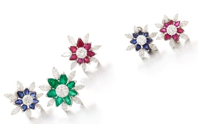 Emerald, ruby, sapphire and diamond clip brooches and pair of ear clips (Paio di orecchini e tre spille a clip in smeraldi, rubini, zaffiri e diamanti)