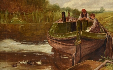 English School (19th century), Figures in a boat, with ducks on the river