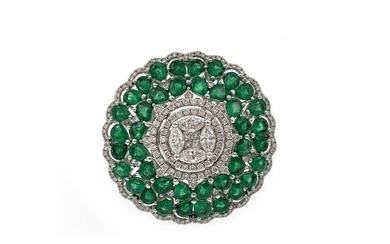 Estate 5.85ct Diamond Emerald 18k White Gold Round Floral Dome Ring Size 7
