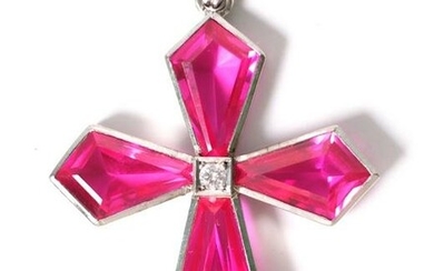 Estate Palladium Diamond & Pink Sapphire Cross