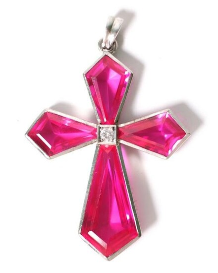 Estate Palladium Diamond & Pink Sapphire Cross