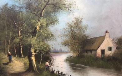 F. KOCH (?) Pêcheur et femme en bord de rivière. Huile sur toile signée en...