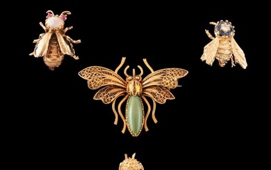 FOUR MODERN & VINTAGE 14K YELLOW GOLD INSECT PINS