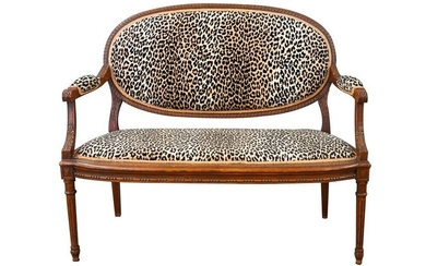FRENCH LEOPARD PRINT UPHOLSTERED SETTEE